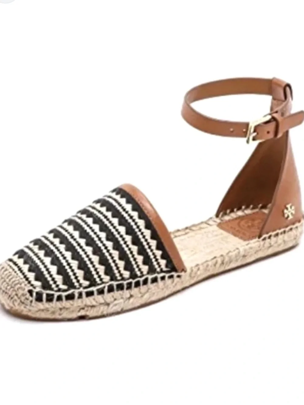 Tory Burch Mosaic Straw Black & Tan Espadrille Ankle-Strap Flat